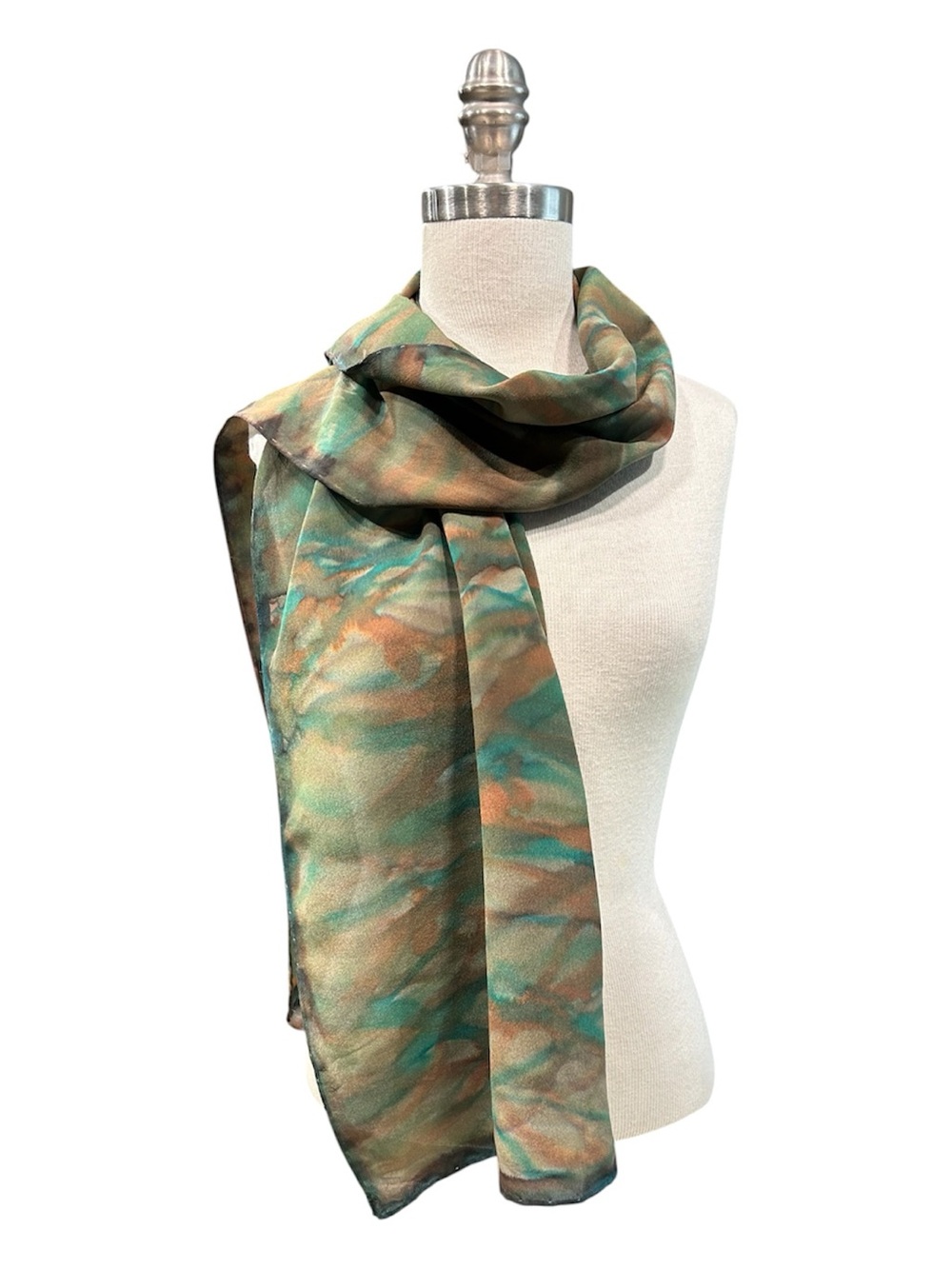 Hand Painted Brown, Orange, Green Silk Scarf NWT